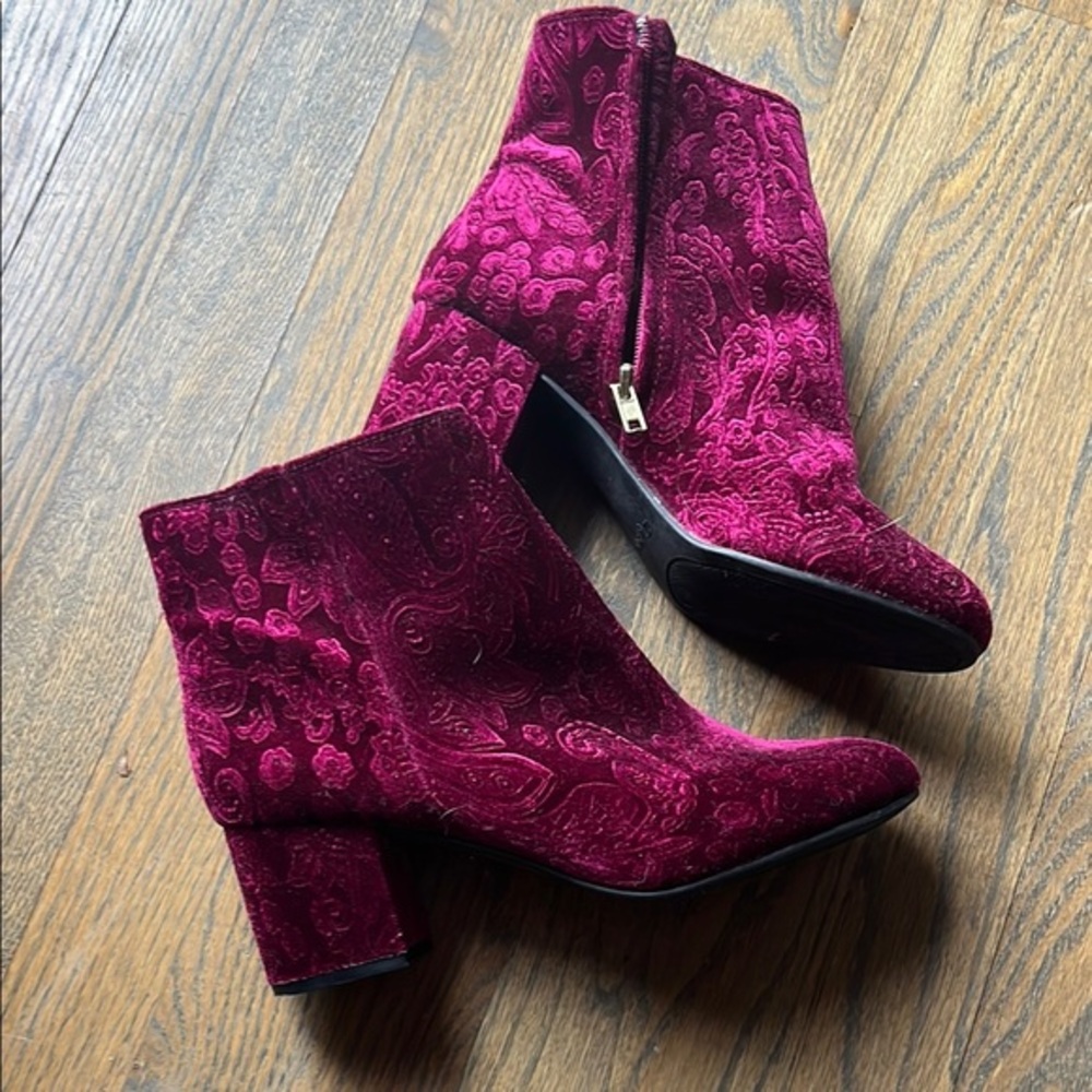 Velvet Paisley Ankle Boots - Burgundy